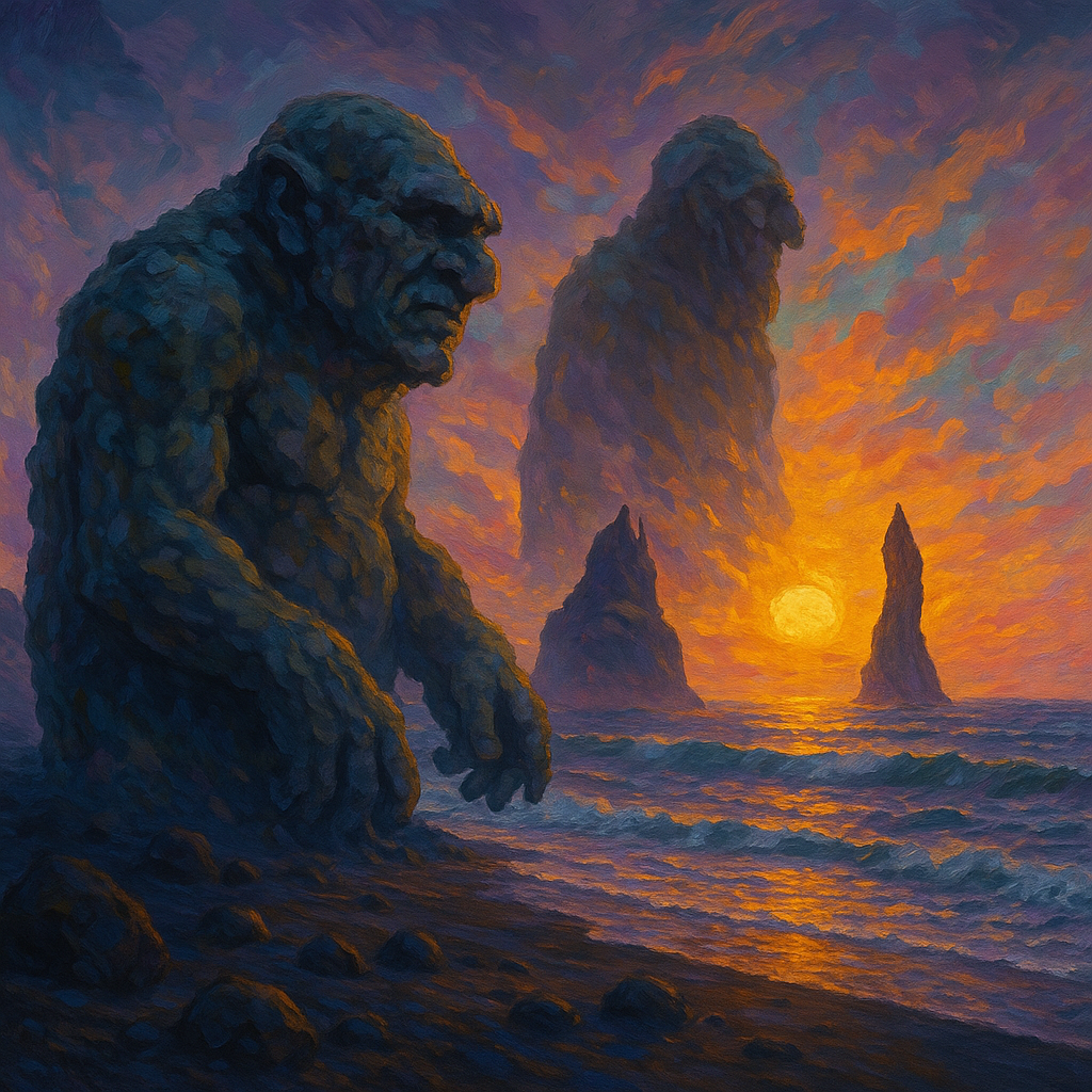 Stone sea stacks of Reynisfjara beach – Iceland troll legend