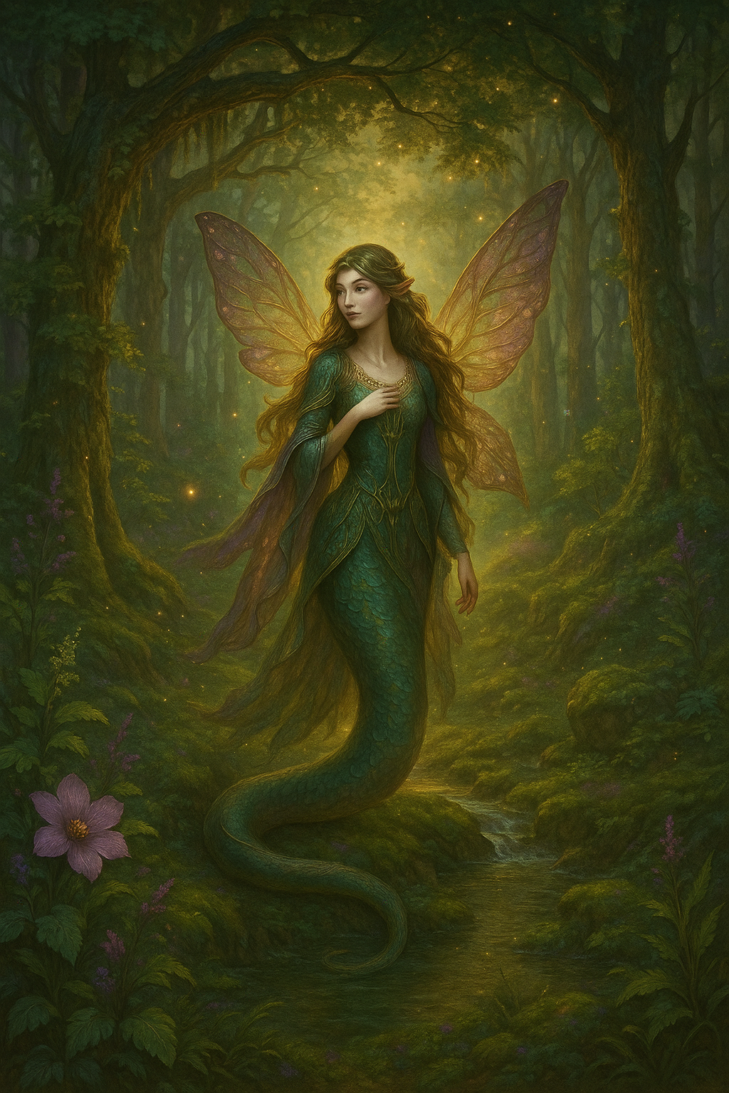 Mystical Mélusine surrounded by enchanted woods, violet and golden tones, Celtic legend