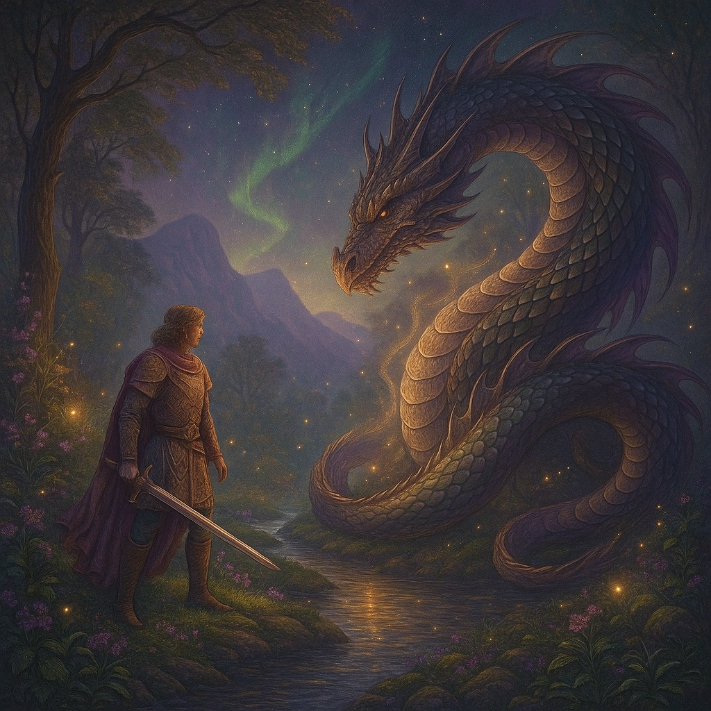 Sigurd slaying the dragon Fafnir  Fantasy illustration of Sigurd slaying the dragon Fafnir in Norse mythology, mystical forest background
