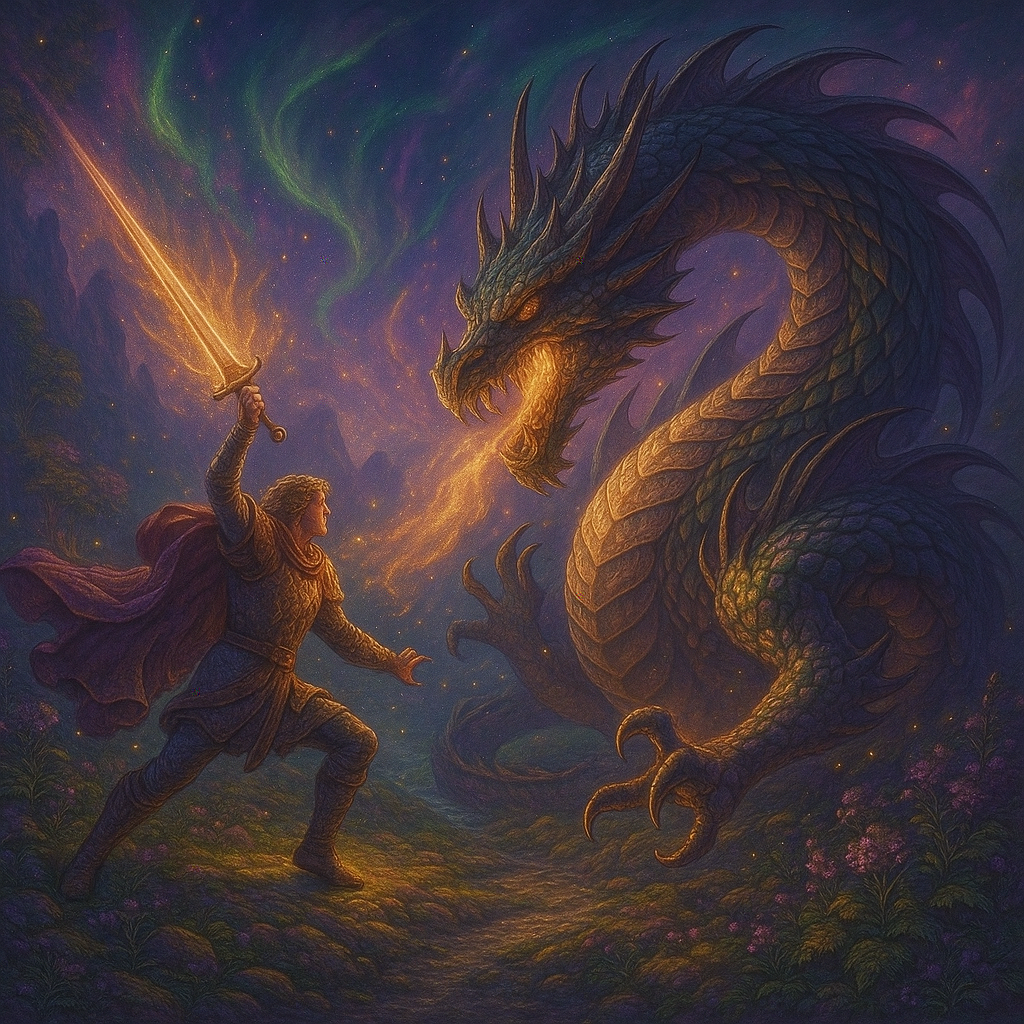 pic Viking legend of Sigurd and Fafnir in a mystical enchanted forest, emerald and violet tones