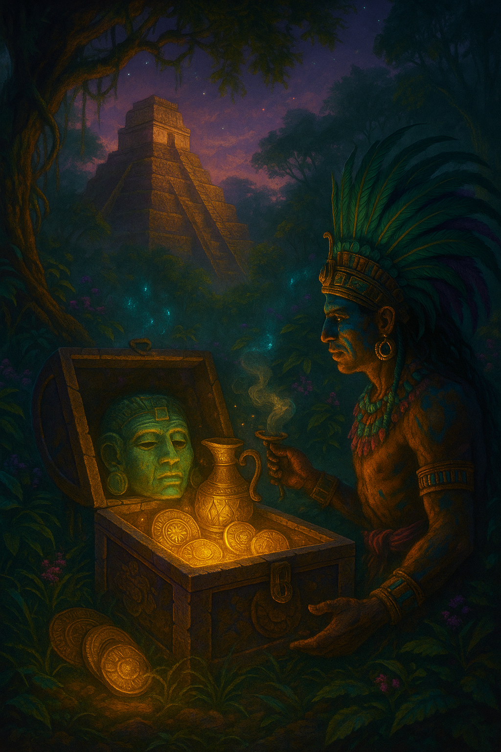 The Treasure of Tikal (Guatemala) Maya temple of Tikal emerging from jungle mist at sunrise with golden light.