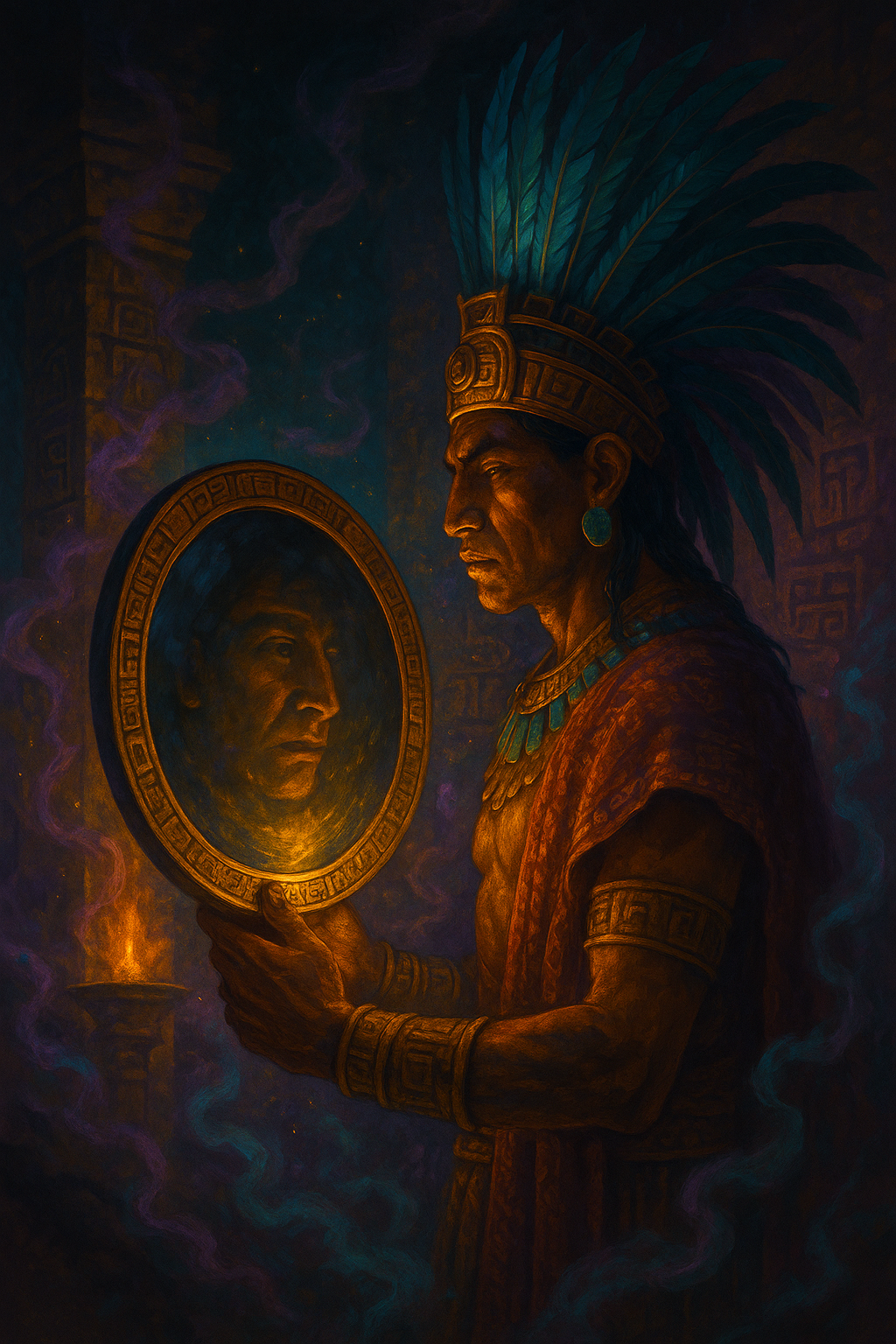 Mirror of Tezcatlipoca -Ancient Aztec priest gazing into a glowing obsidian mirror surrounded by incense smoke and glyphs.